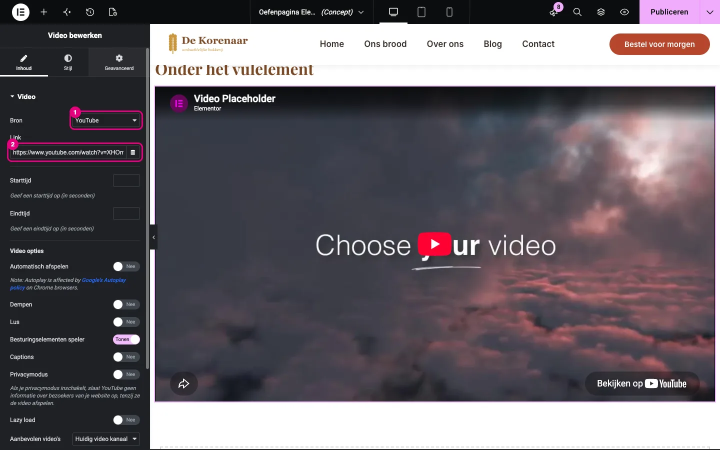 De widget Video met Bron op YouTube en het veld Link gemarkeerd