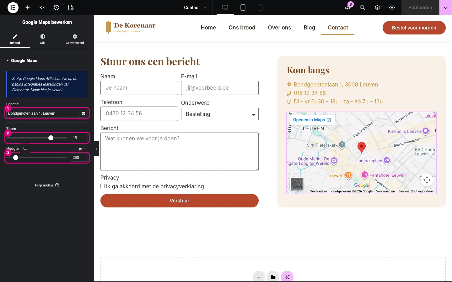 De widget Google Maps op de contactpagina met Locatie, Zoom en Hoogte gemarkeerd