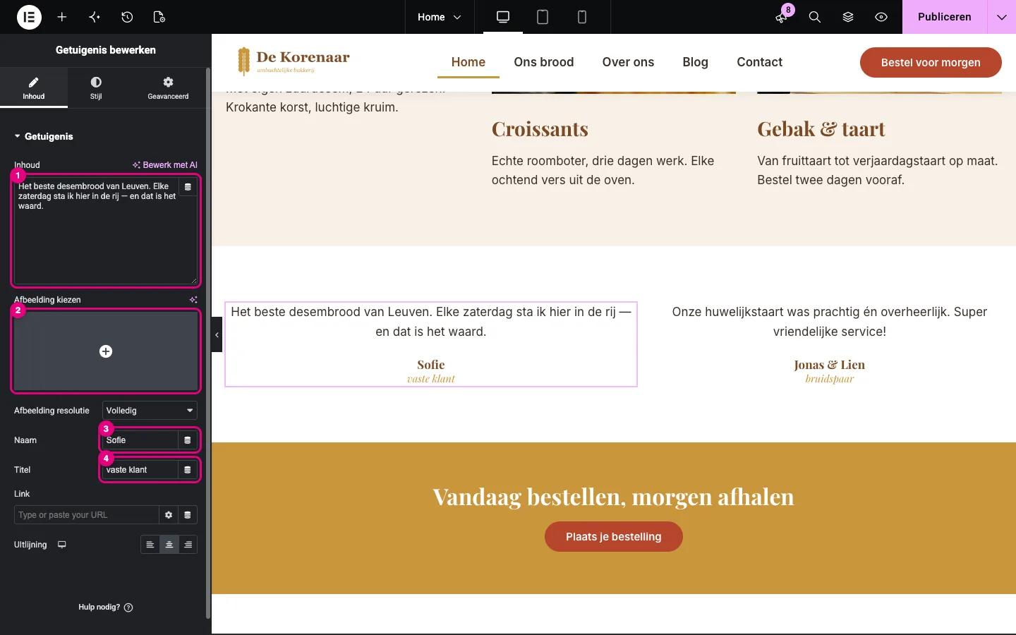 De widget Getuigenis met Inhoud, Afbeelding kiezen, Naam en Titel gemarkeerd