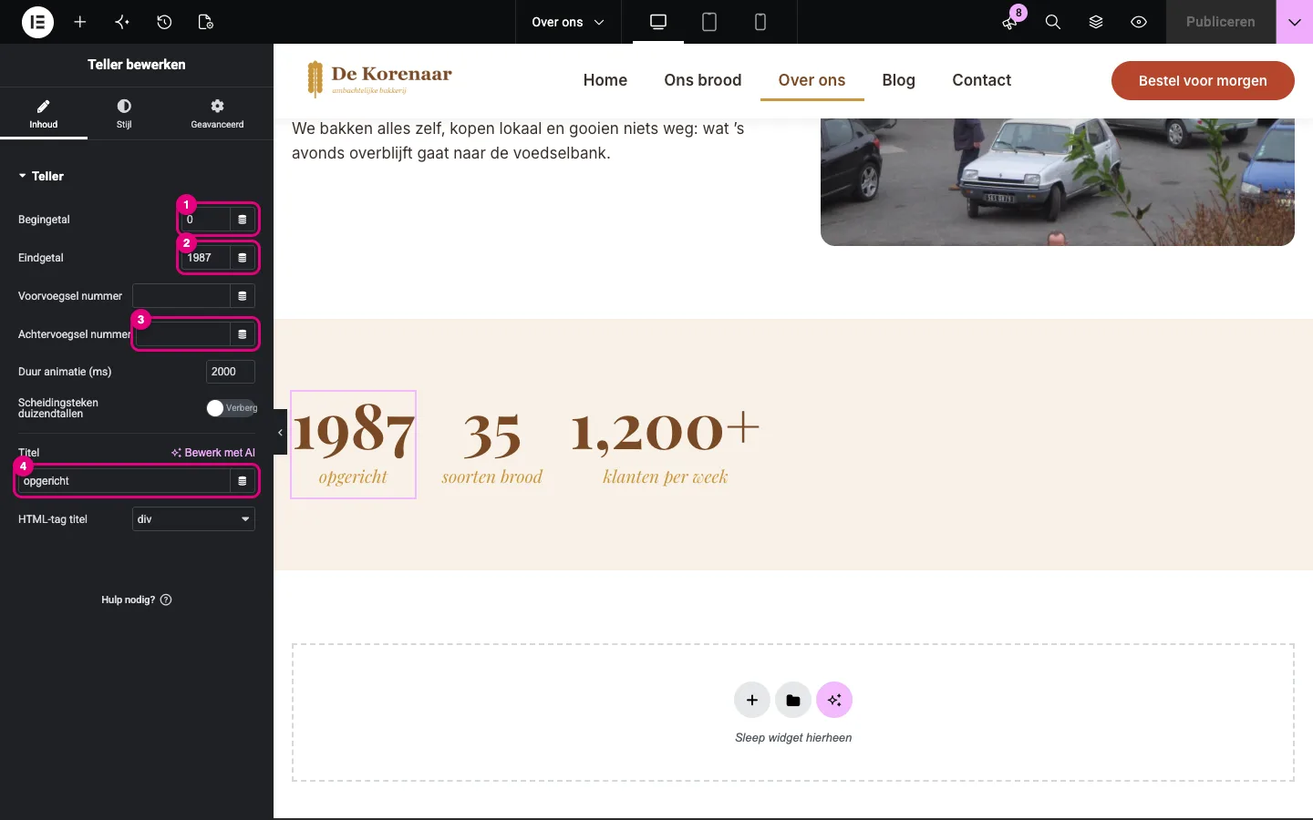 De widget Teller op de pagina Over ons met Begingetal, Eindgetal, Achtervoegsel nummer en Titel gemarkeerd