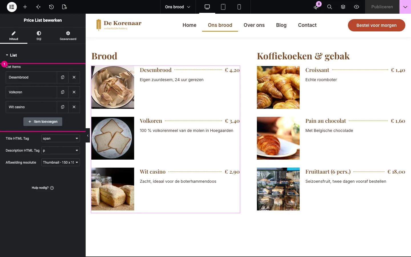 De widget Price List op de pagina Ons brood met de lijst van items gemarkeerd