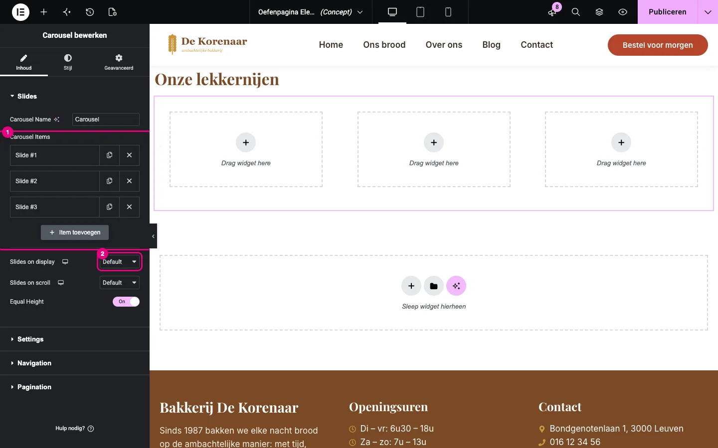De widget Carousel met drie slides in het paneel en drie lege vakken in het canvas