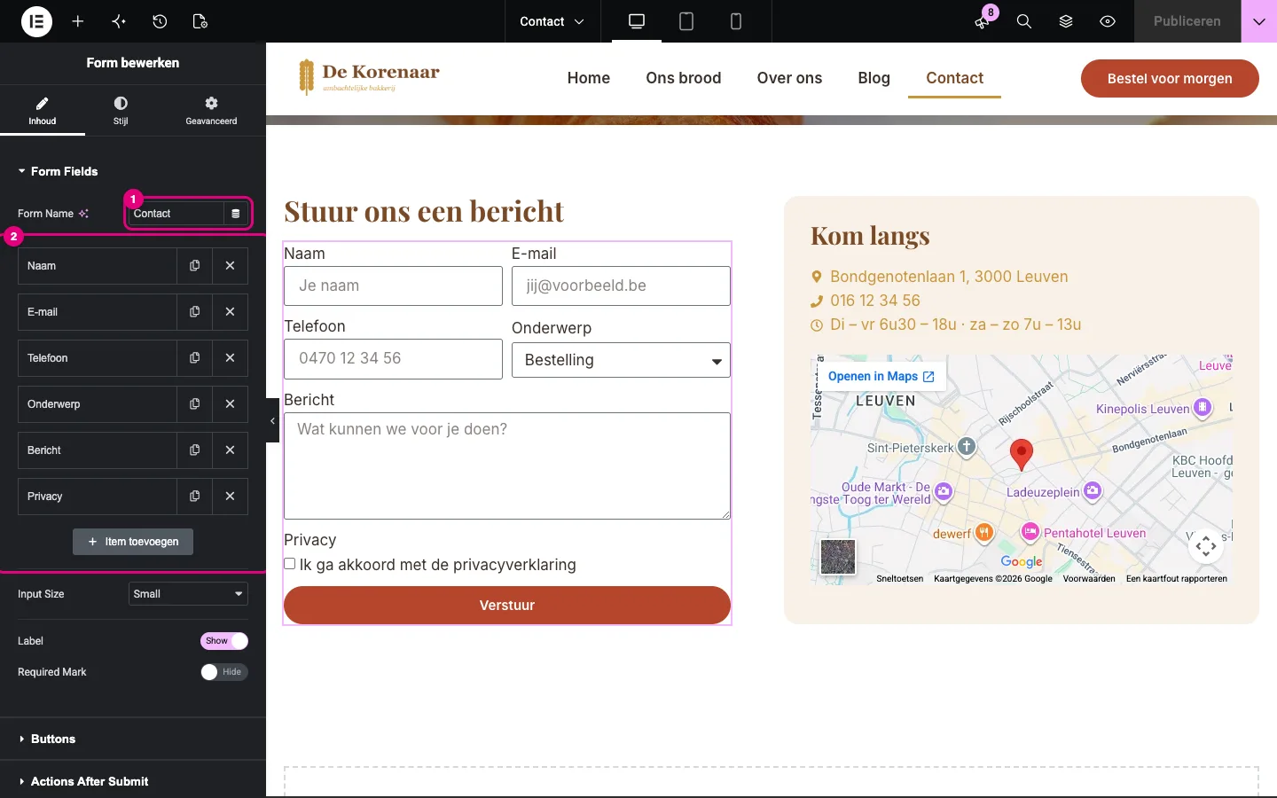 De widget Form op de contactpagina met Form Name en de lijst met velden gemarkeerd