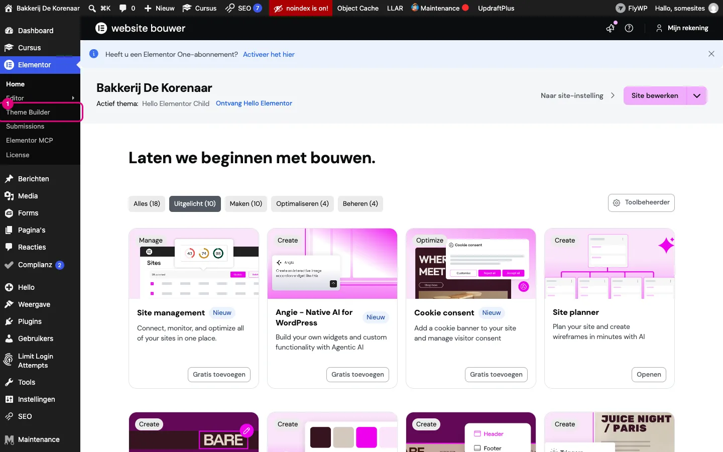 Het WordPress-menu met Elementor opengeklapt; het item Theme Builder is aangeduid