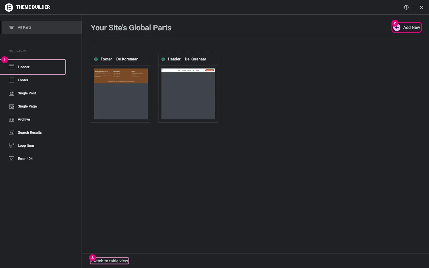 Het Theme Builder-scherm met links de soorten site parts en in het midden de sjablonen Footer en Header van De Korenaar
