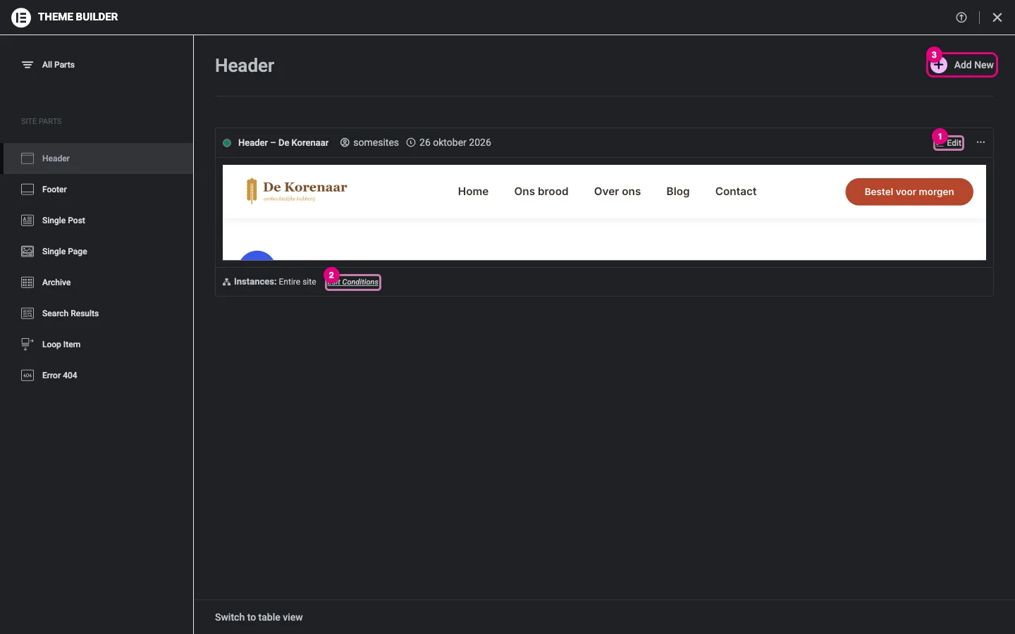 De lijst met header-sjablonen; Edit, Edit Conditions en Add New zijn aangeduid