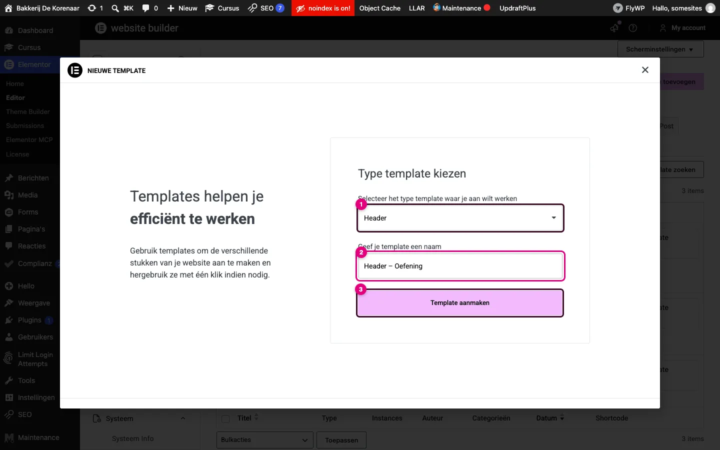 Het venster Nieuwe template met type Header en naam Header – Oefening ingevuld