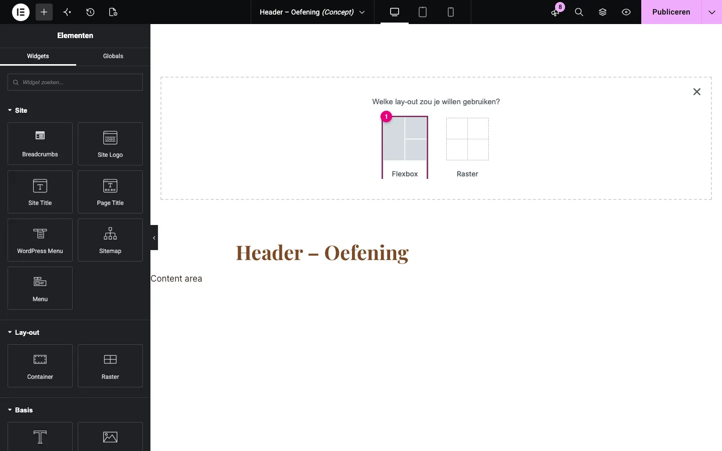 De keuze tussen Flexbox en Raster; Flexbox is aangeduid