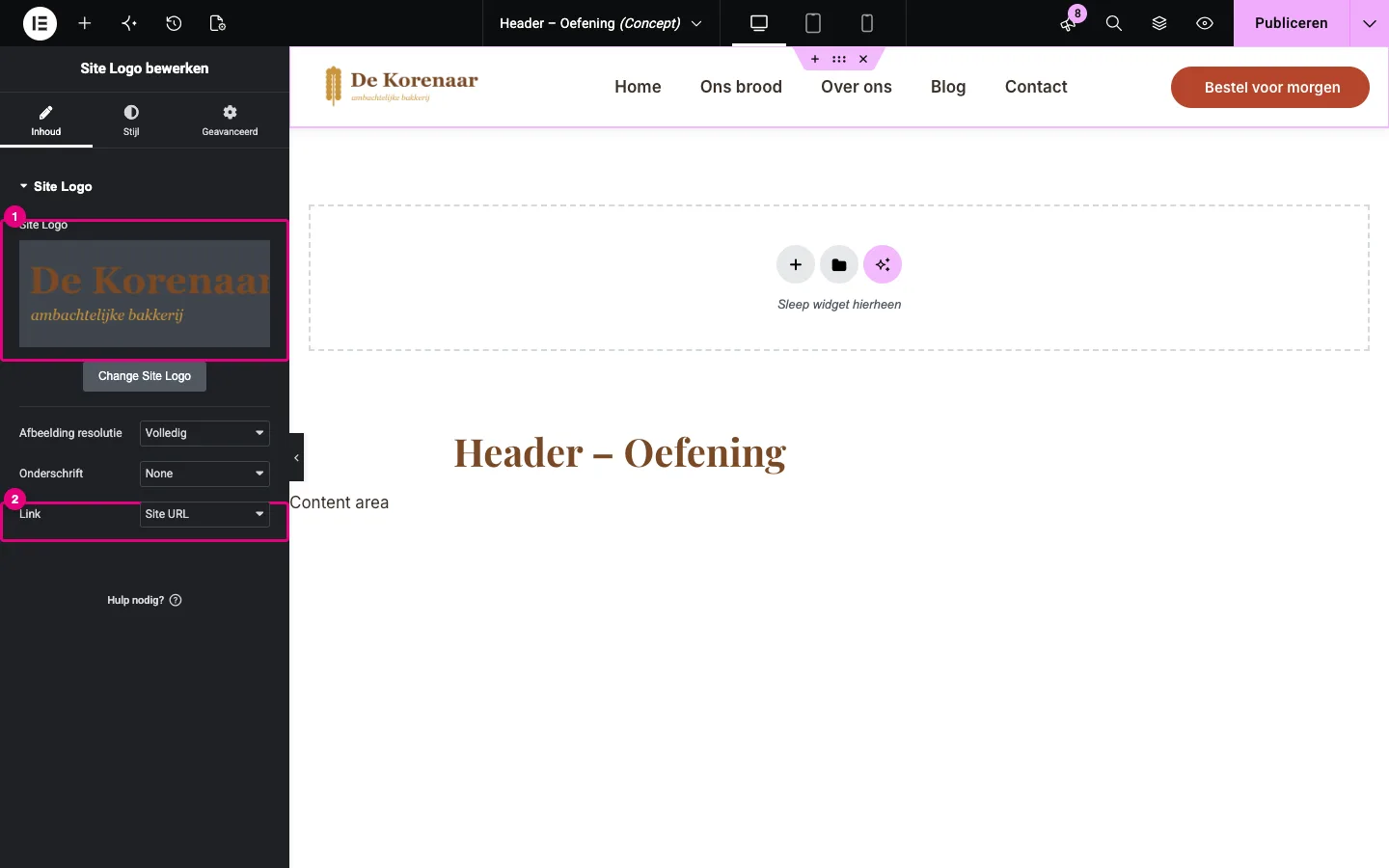 Het tabblad Inhoud van Site Logo met het logo en de instelling Link op Site URL