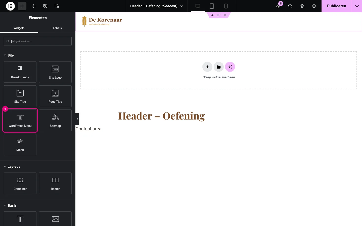 De widget WordPress Menu in de categorie Site is aangeduid