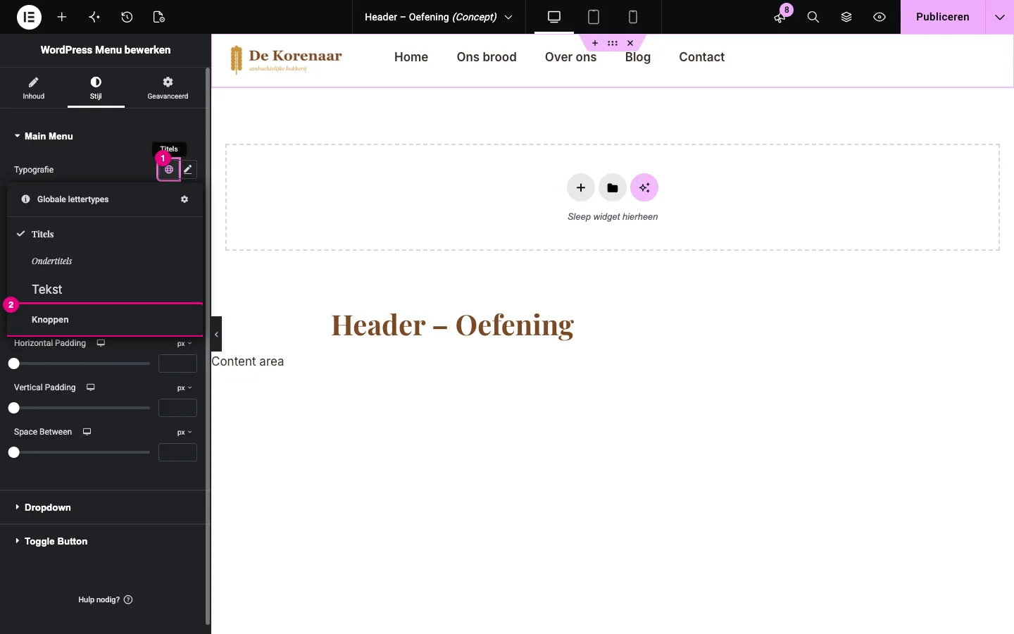 Het tabblad Stijl van WordPress Menu met het venster Globale lettertypes open: Titels, Ondertitels, Tekst en Knoppen