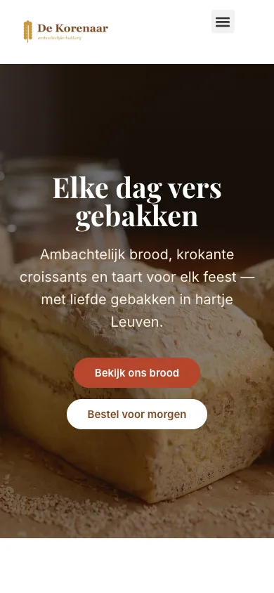 De homepage op gsm: logo links en hamburger-icoontje rechts