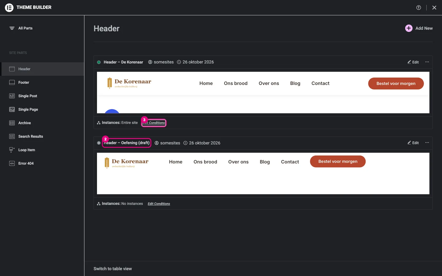 De Theme Builder met twee headers: Header – De Korenaar op Entire site en Header – Oefening als draft zonder instances