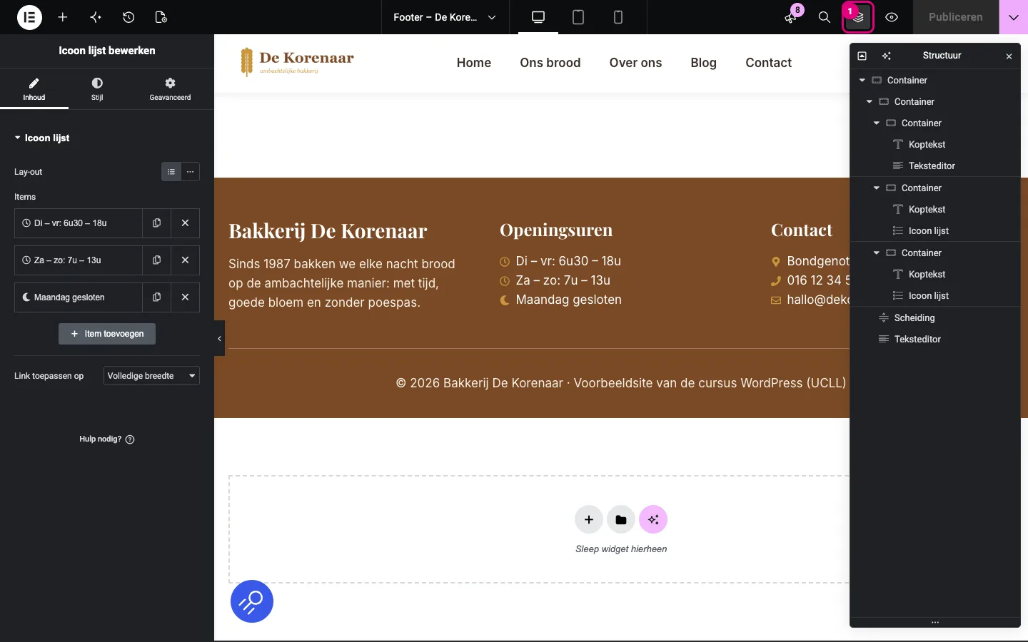 De footer van De Korenaar in de editor met de Structuur open: containers, koppen, icoonlijsten, scheiding en teksteditor