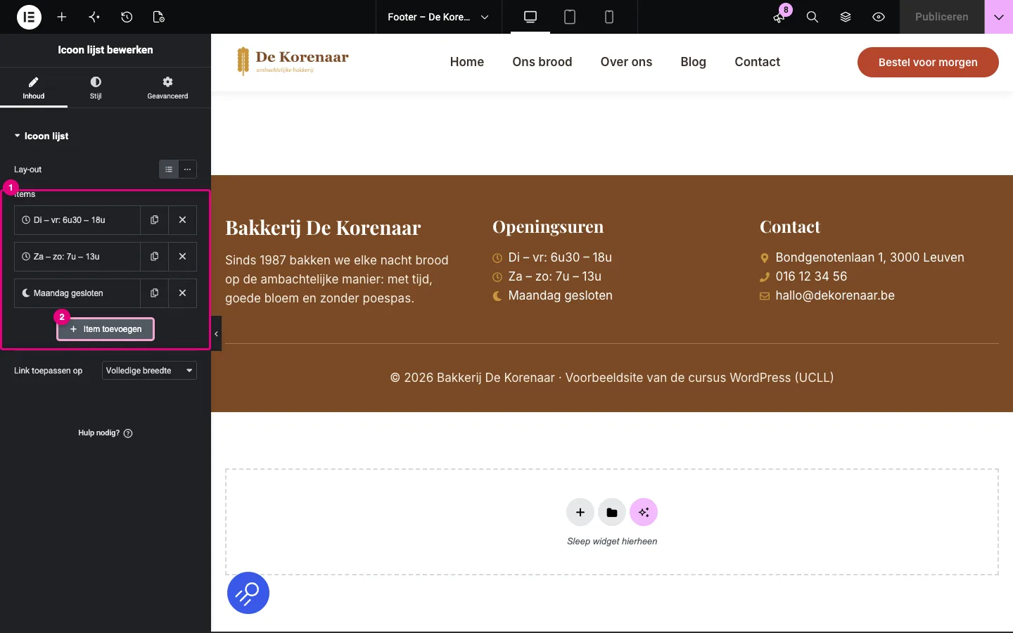 De Icoon lijst met de items Di – vr, Za – zo en Maandag gesloten, en de knop Item toevoegen