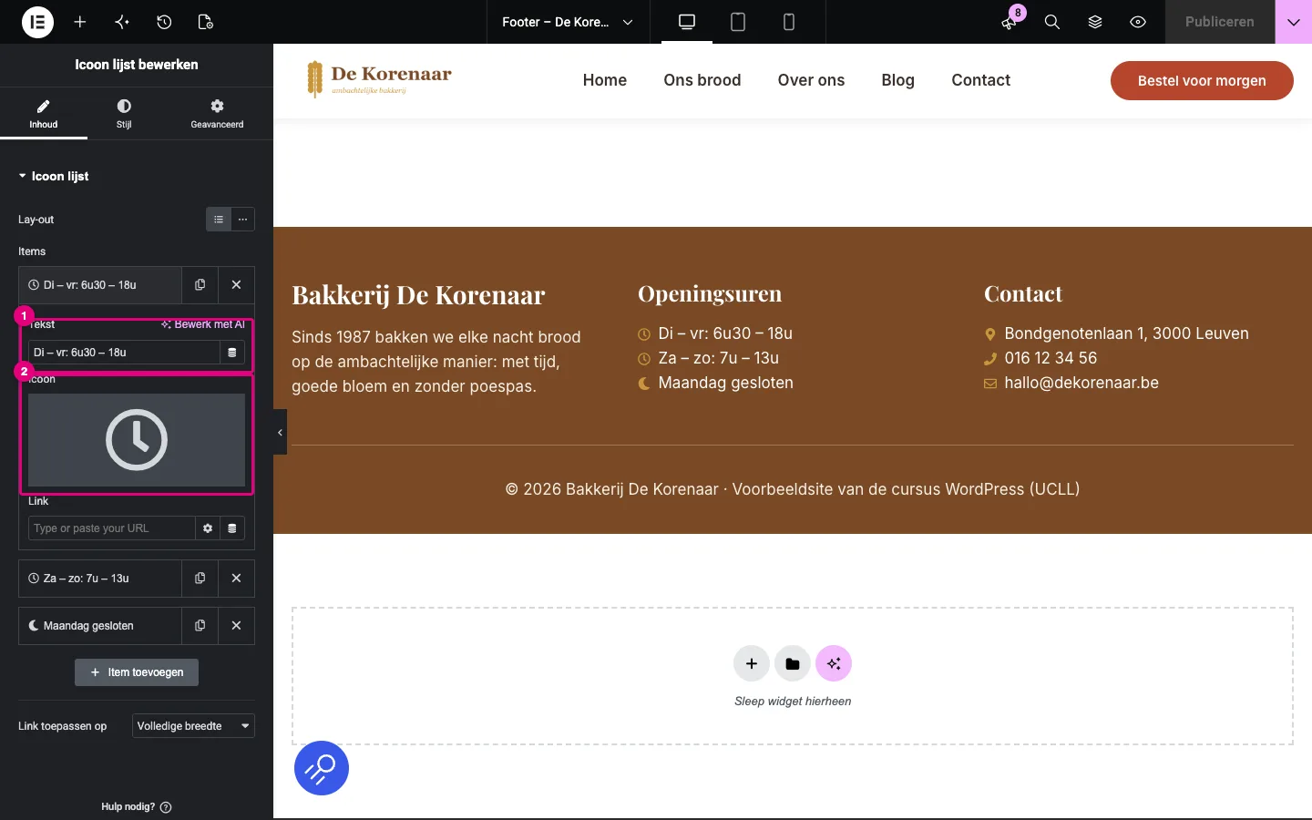 Een opengeklapt item van de Icoon lijst met de velden Tekst, Icoon en Link