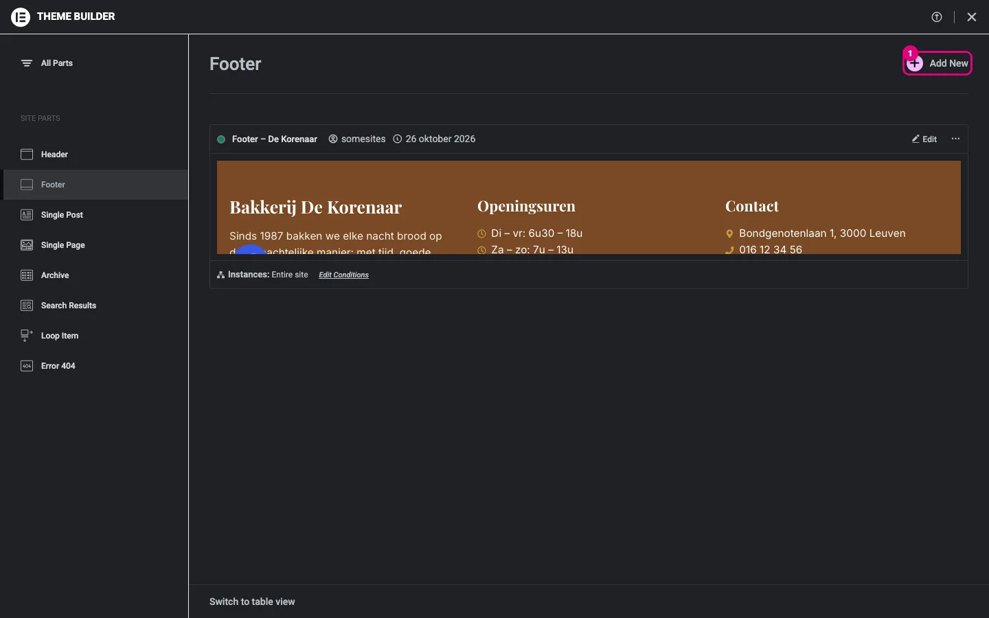 De Theme Builder met de footer-sjablonen; Add New is aangeduid