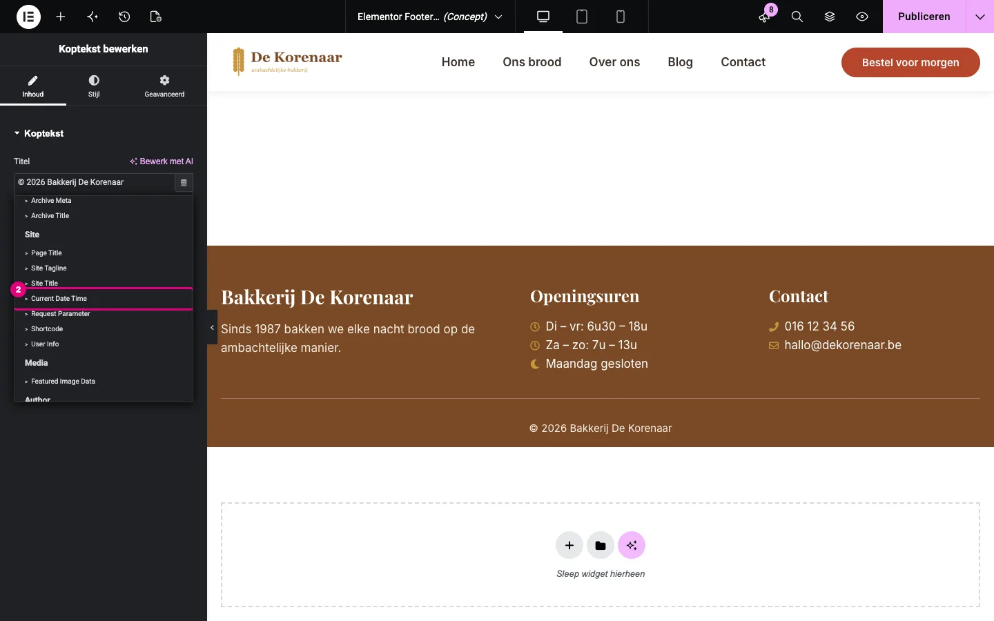 De lijst met dynamische tags; Current Date Time onder Site is aangeduid