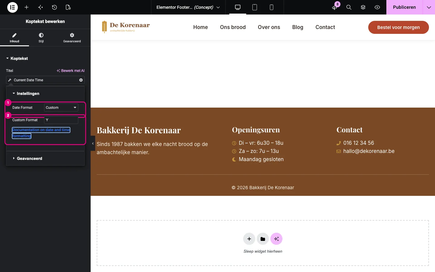 De instellingen van de tag: Date Format Custom en Custom Format Y
