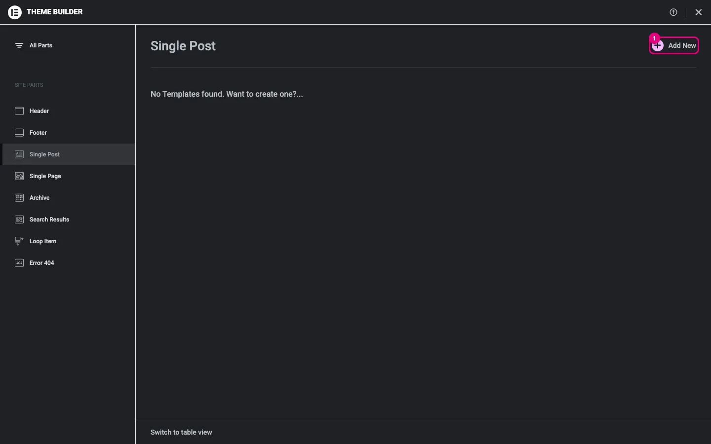 De Theme Builder bij Single Post met de melding No Templates found en de knop Add New