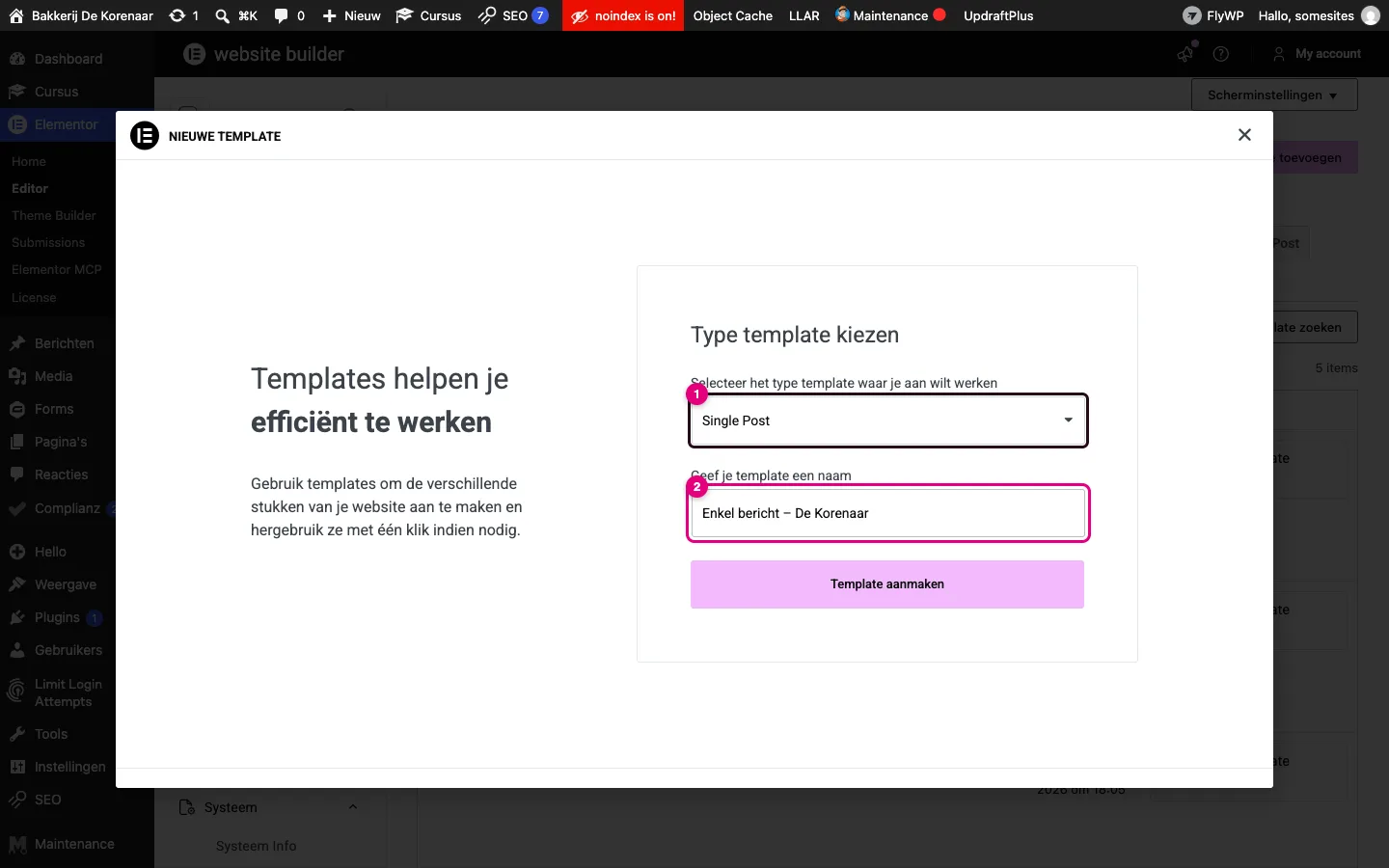 Het venster Nieuwe template met type Single Post en naam Enkel bericht – De Korenaar