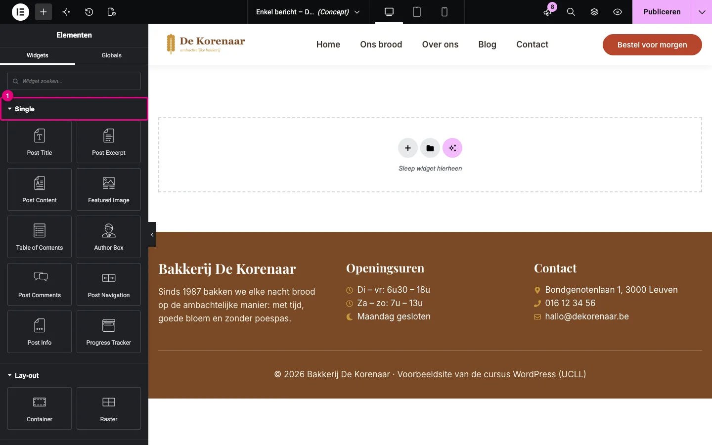 Het widgetpaneel met de categorie Single: Post Title, Post Excerpt, Post Content, Featured Image, Table of Contents, Author Box, Post Comments, Post Navigation, Post Info en Progress Tracker