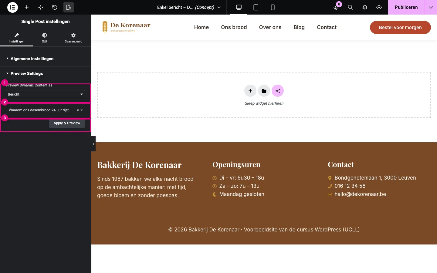 De Preview Settings van het sjabloon met Bericht en het bericht Waarom ons desembrood 24 uur rijst gekozen