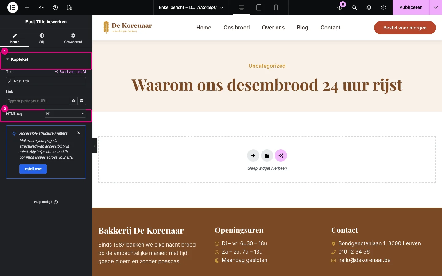 De widget Post Title in de editor: het veld Titel toont Post Title en de HTML tag staat op H1; in het canvas staat de titel van het voorbeeldbericht op een crèmekleurige achtergrond