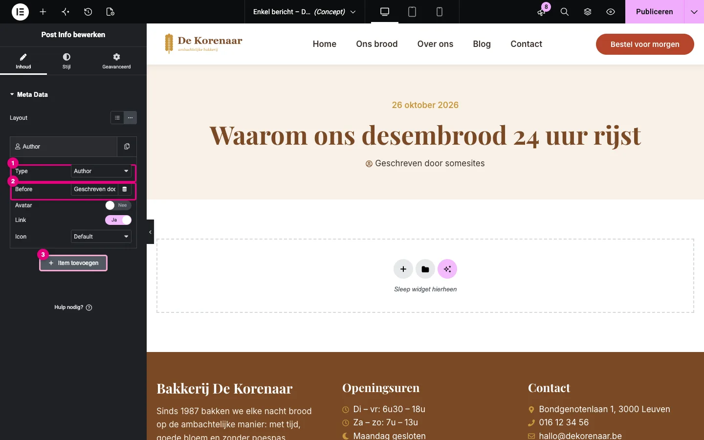 Post Info met een item van type Author en de tekst Geschreven door in het veld Before; in het canvas staat Geschreven door somesites