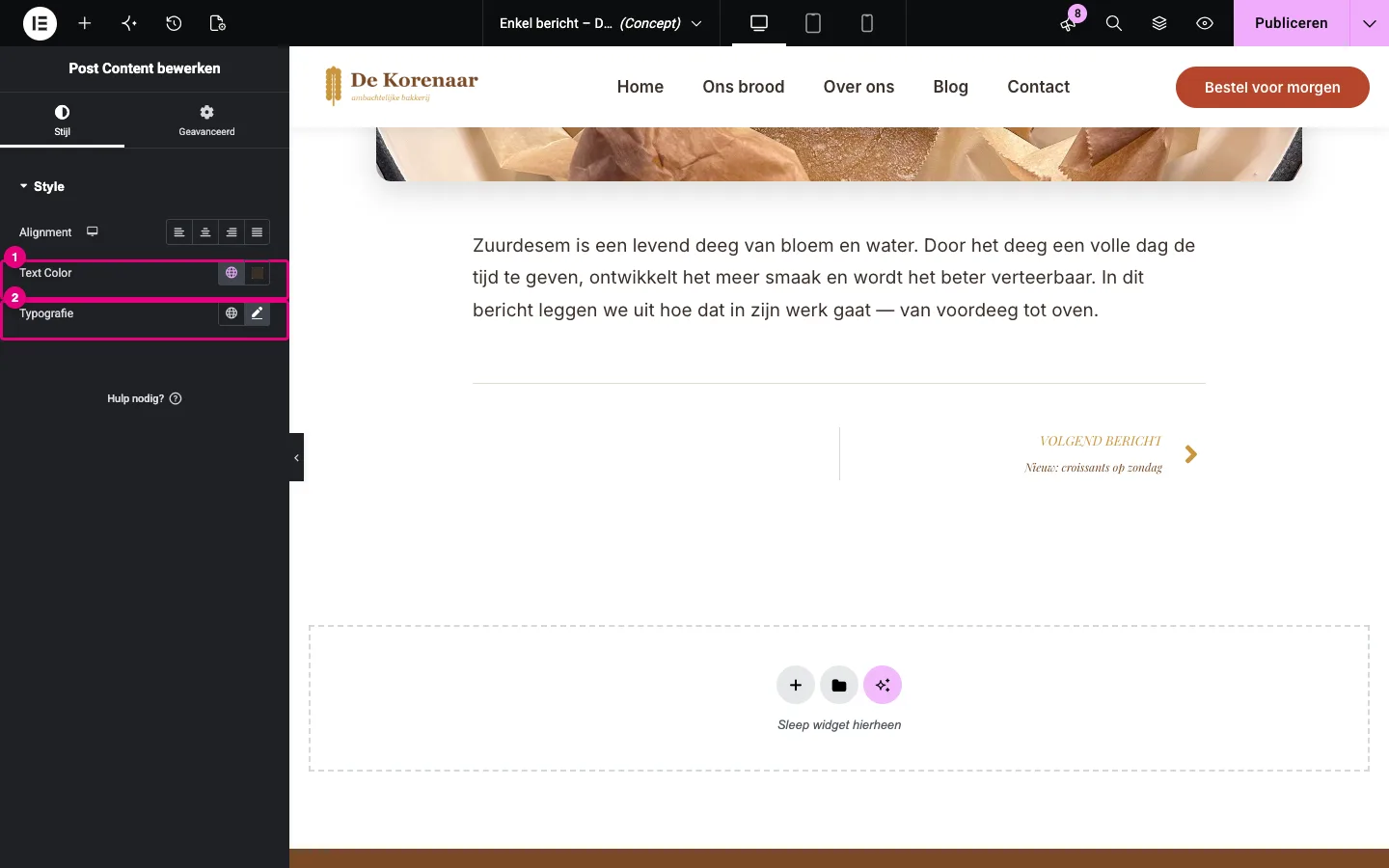 Post Content op het tabblad Stijl met Text Color en Typografie aangeduid; in het canvas de tekst van het bericht in een smalle kolom