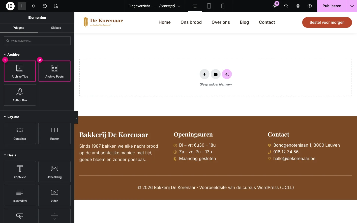Het widgetpaneel van een Archive-sjabloon met de categorie Archive: Archive Title, Archive Posts en Author Box