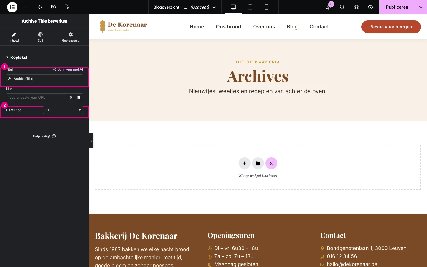 De widget Archive Title met in het canvas de tekst Archives op een crèmekleurige achtergrond