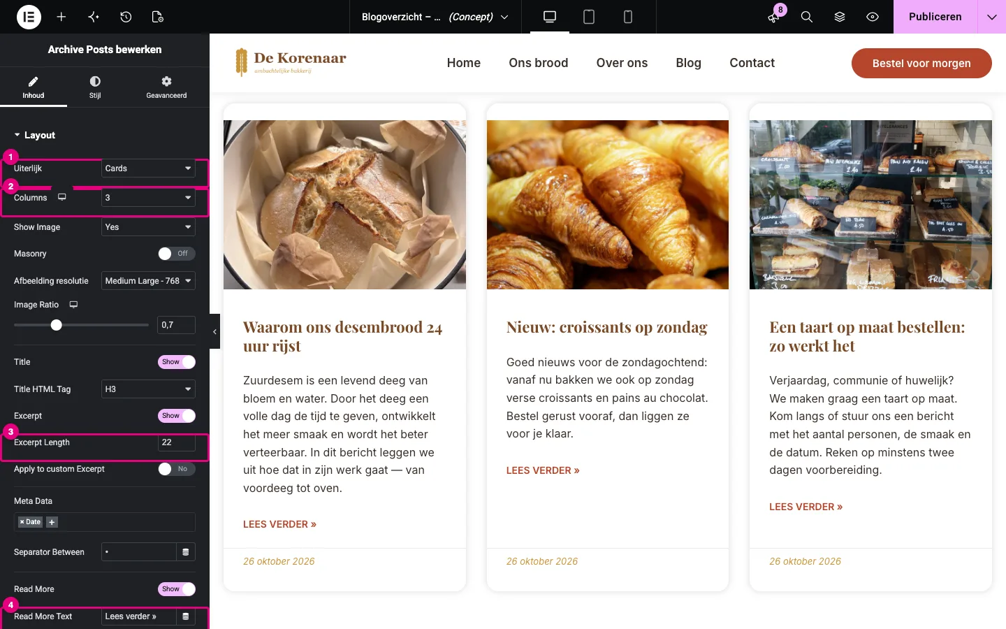 Archive Posts met Uiterlijk Cards, Columns 3, Excerpt Length 22 en Read More Text Lees verder; in het canvas drie berichtkaarten met foto, titel, tekst en Lees verder