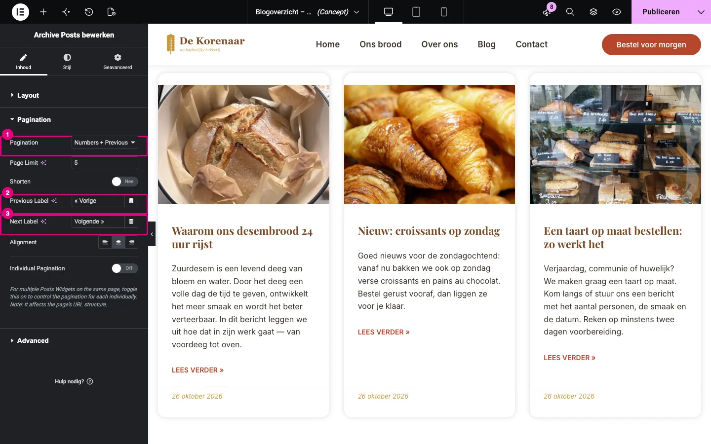 De sectie Pagination met Numbers + Previous/Next, Previous Label « Vorige en Next Label Volgende »
