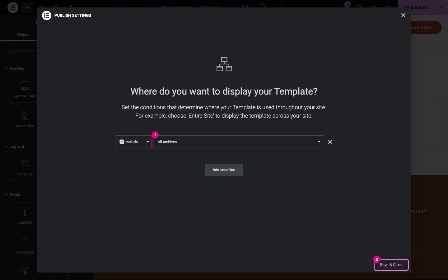 Het venster Publish settings met de voorwaarde Include All archives