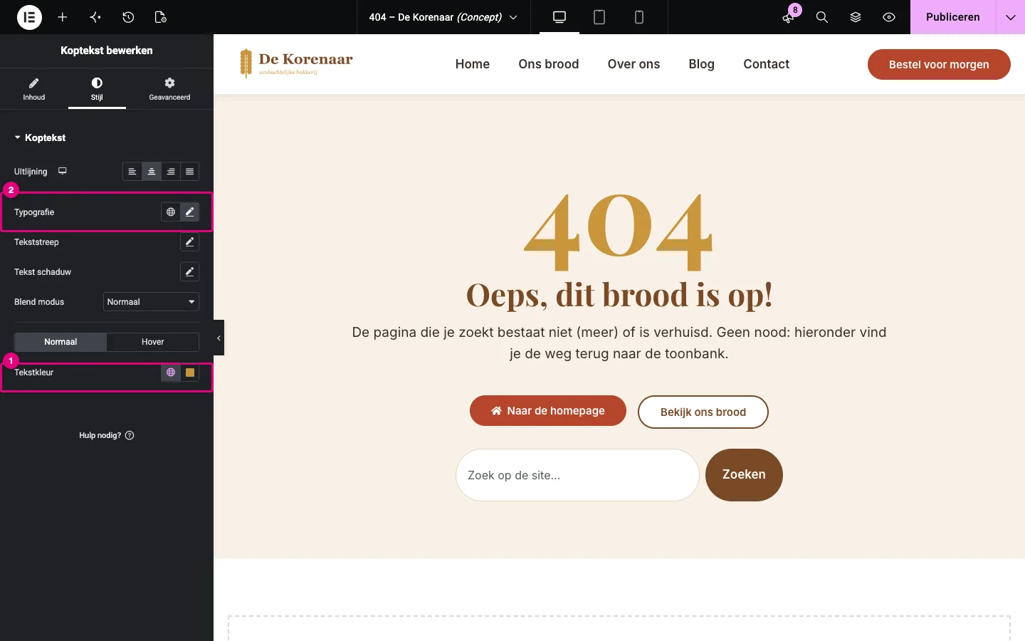De Koptekst 404 op het tabblad Stijl met Tekstkleur en Typografie aangeduid; in het canvas een groot gouden 404, de titel Oeps, dit brood is op!, uitleg, twee knoppen en een zoekveld
