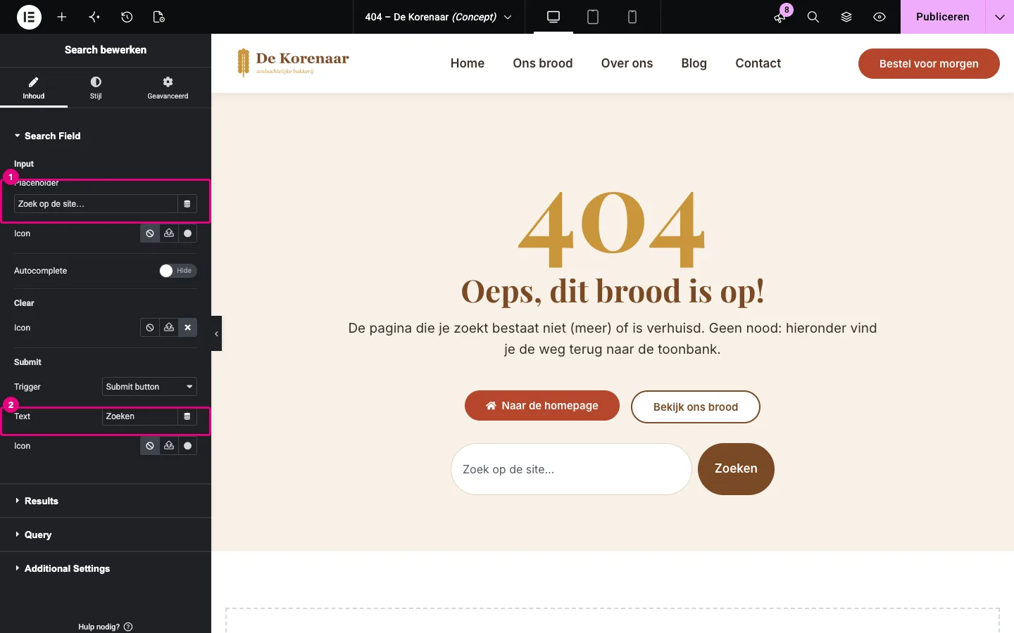 De widget Search met Placeholder Zoek op de site… en Text Zoeken