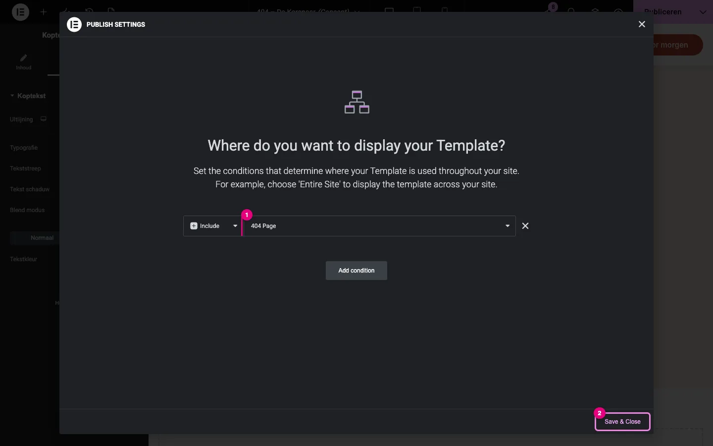 Het venster Publish settings met de voorwaarde Include 404 Page