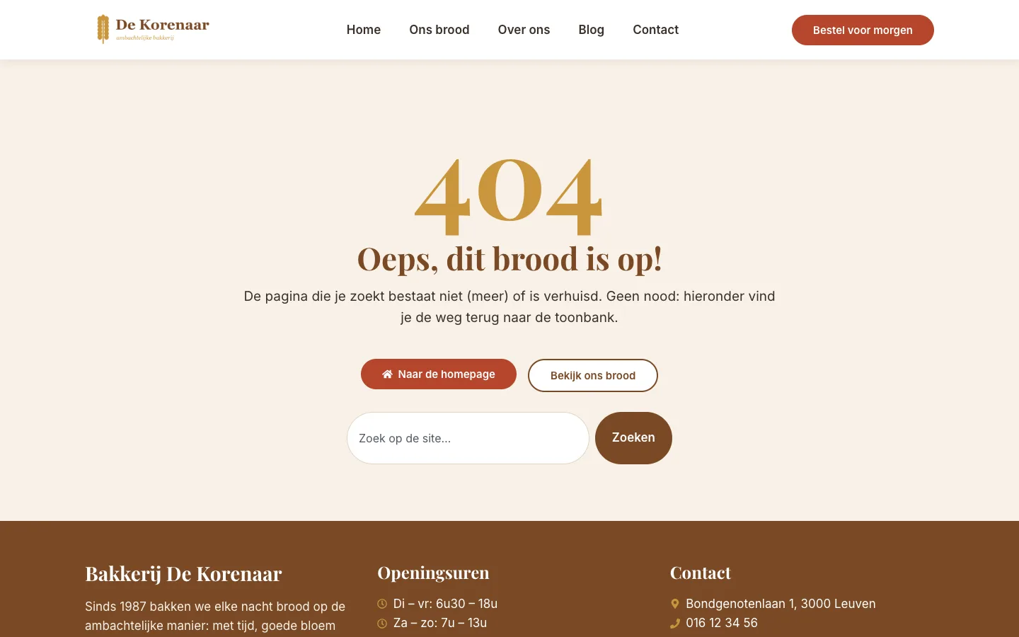 De 404-pagina van De Korenaar: header, groot gouden 404, Oeps, dit brood is op!, uitleg, de knoppen Naar de homepage en Bekijk ons brood en een zoekveld