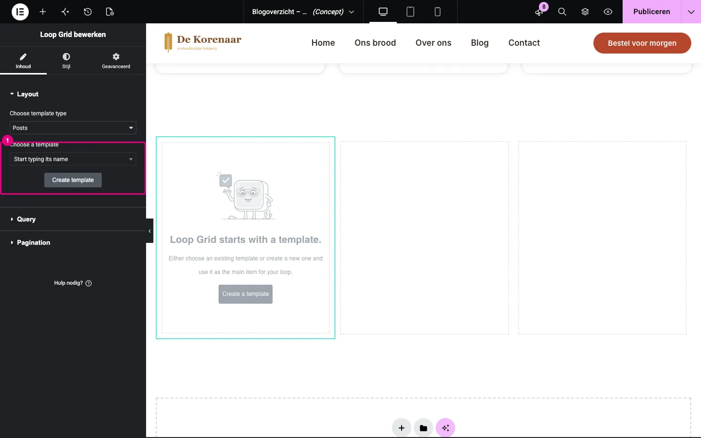 Een Loop Grid in de editor met de melding Loop Grid starts with a template en in het paneel Choose a template en Create template