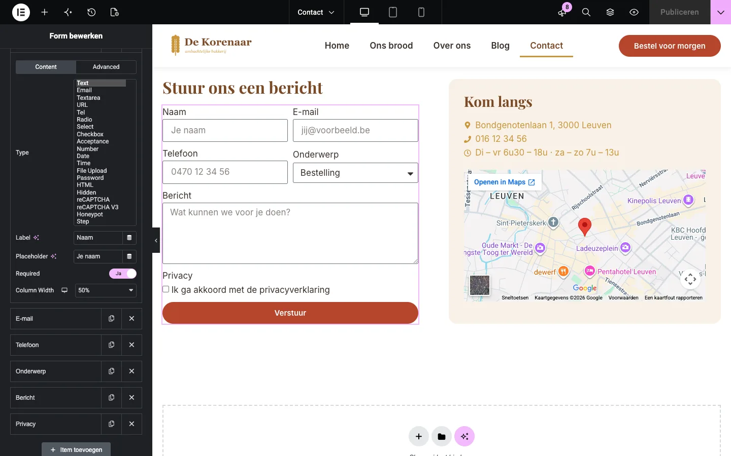 De opengeklapte lijst met veldtypes: Text, Email, Textarea, URL, Tel, Radio, Select, Checkbox, Acceptance, Number, Date, Time, File Upload, Password, HTML, Hidden, reCAPTCHA, reCAPTCHA V3, Honeypot en Step