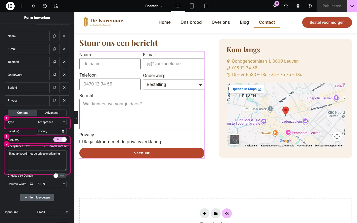 Het veld Privacy van het type Acceptance met de acceptatietekst en Required op Ja