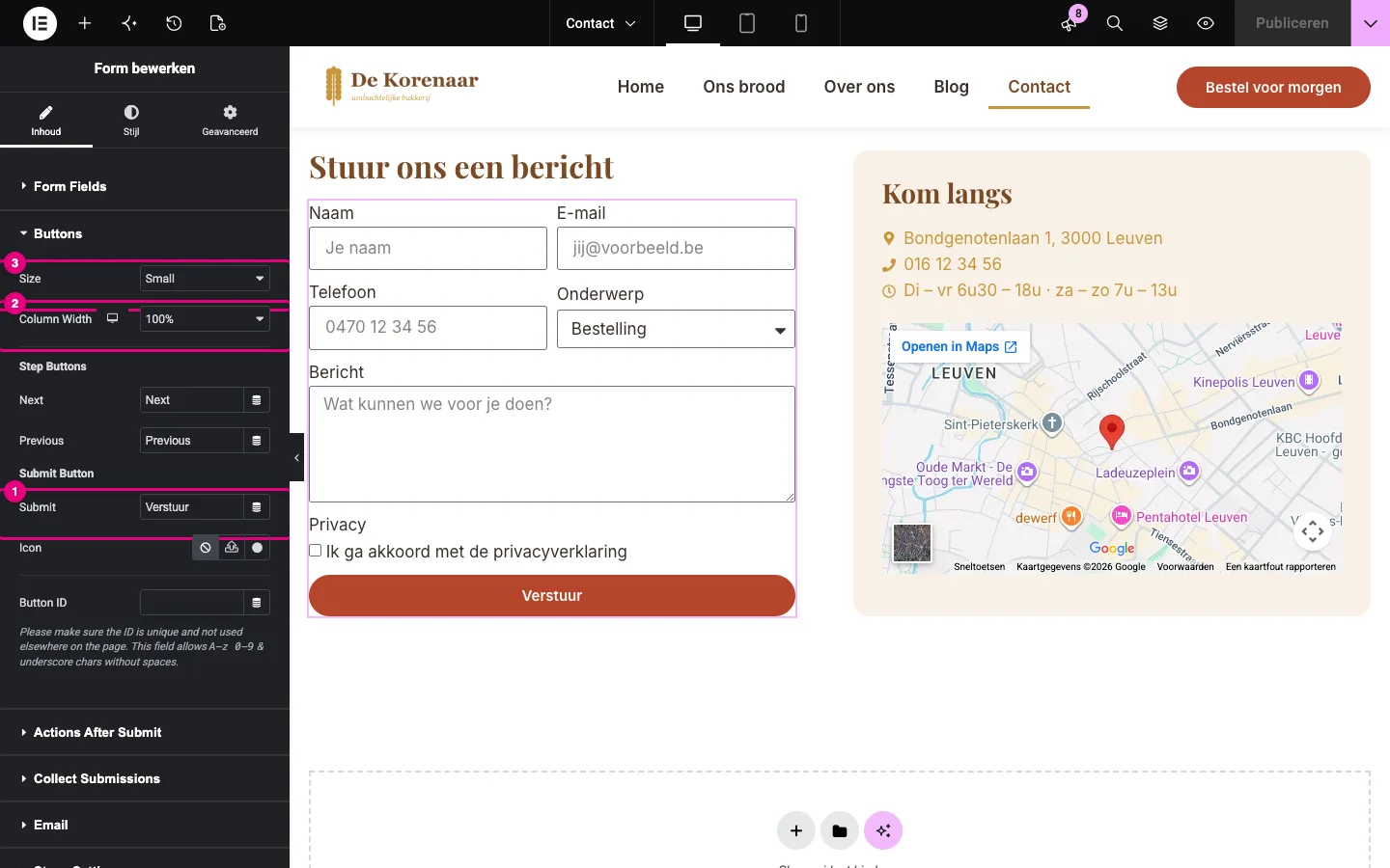 Het geopende onderdeel Buttons met de knoptekst Verstuur, de kolombreedte 100% en de grootte Small gemarkeerd