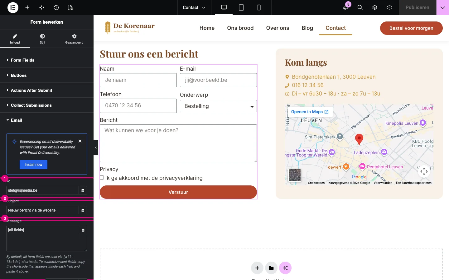 Het onderdeel Email met de velden To, Subject en Message gemarkeerd