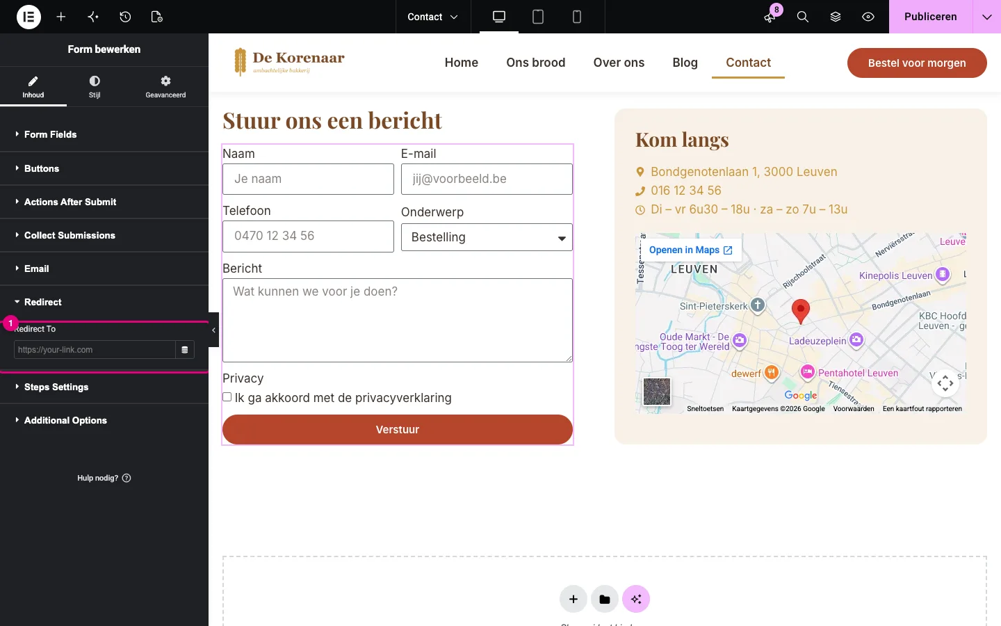 Het kopje Redirect met het veld Redirect To, waarin het adres van de bedankpagina komt