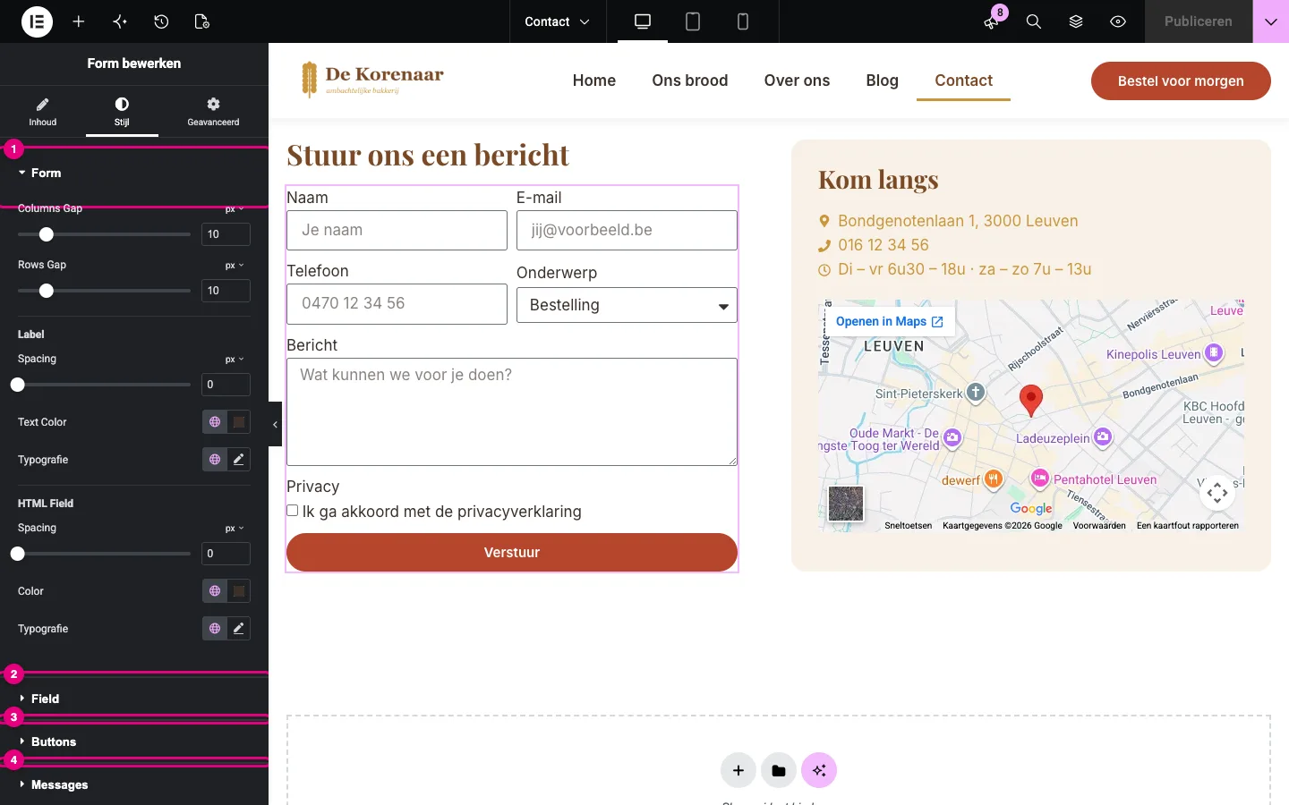 Het tabblad Stijl van het formulier met de kopjes Form, Field, Buttons en Messages gemarkeerd