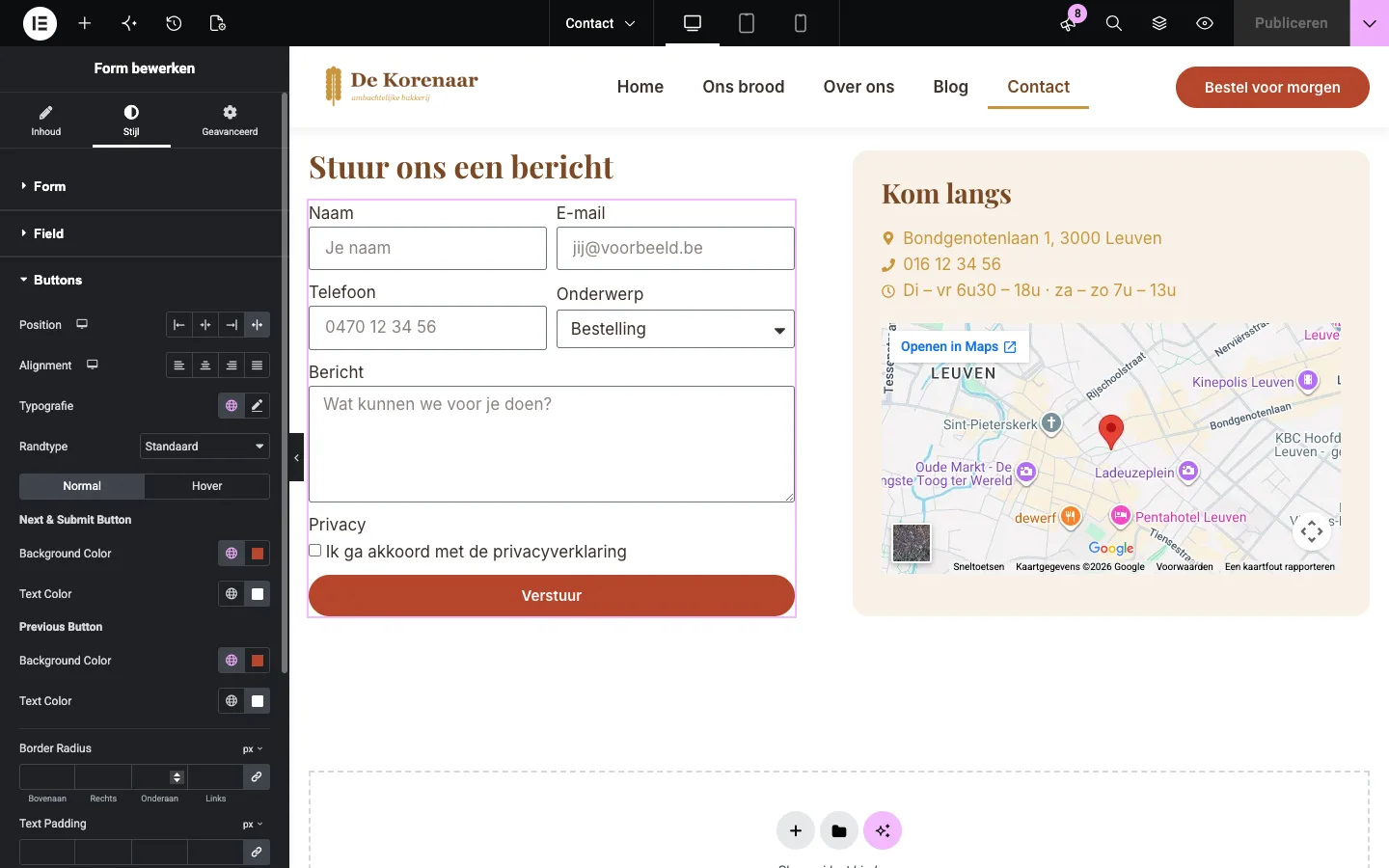 Het stijlonderdeel Buttons met positie, uitlijning, typografie, de tabbladen Normal en Hover en de achtergrond- en tekstkleur