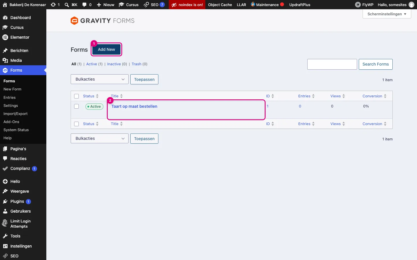 De lijst Forms van Gravity Forms met de knop Add New en het formulier Taart op maat bestellen gemarkeerd