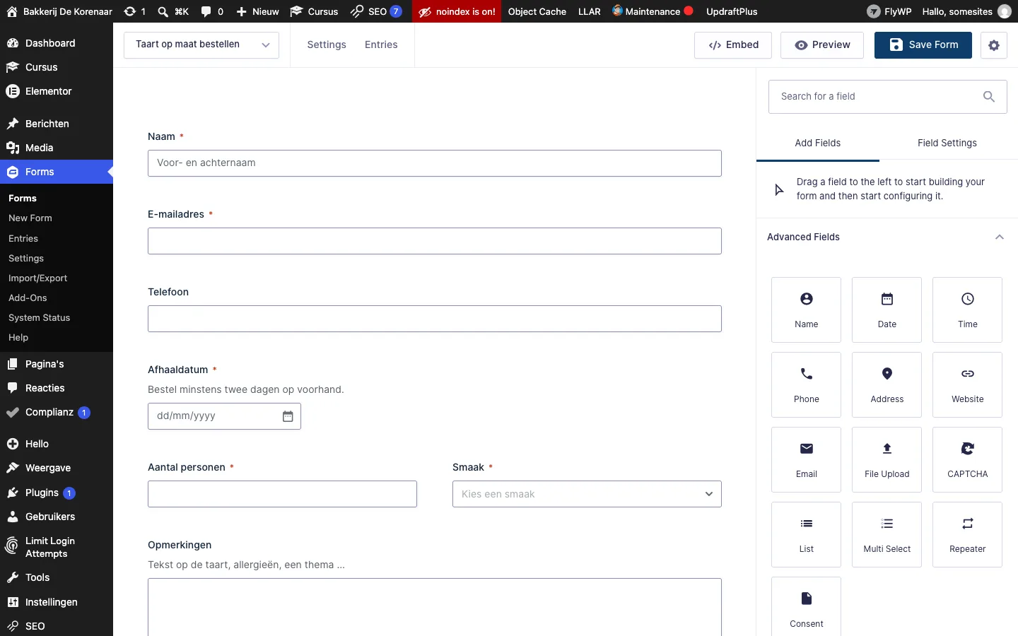 Het paneel Advanced Fields met de velden Name, Date, Time, Phone, Address, Website, Email, File Upload, CAPTCHA, List, Multi Select, Repeater en Consent
