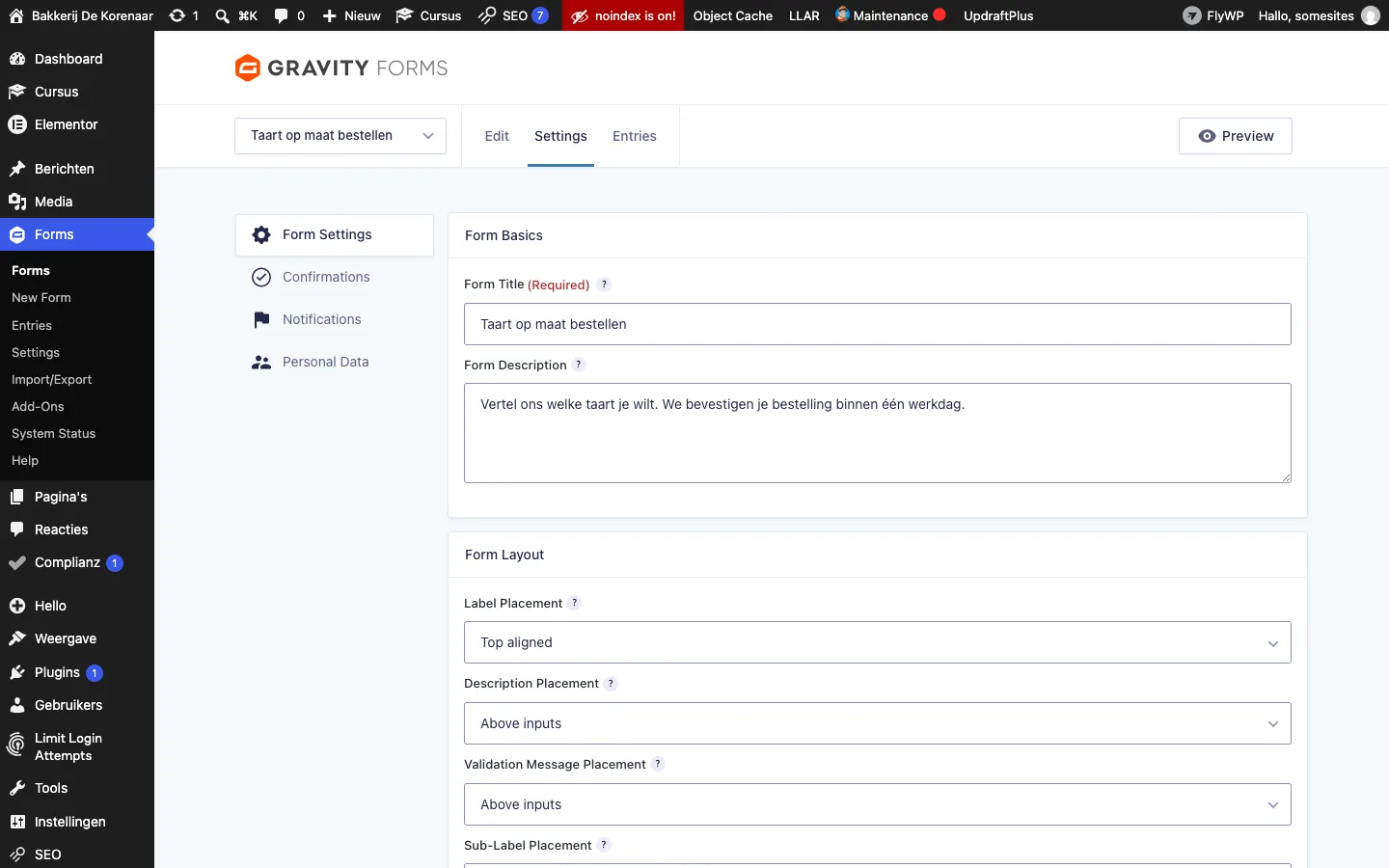 Form Settings van Gravity Forms met Form Title, Form Description en het blok Form Layout met Label Placement en Description Placement